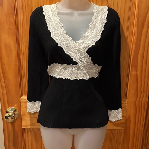 Belldini Stretchy Black Sweater with Lace Trim - Picture 2 of 7